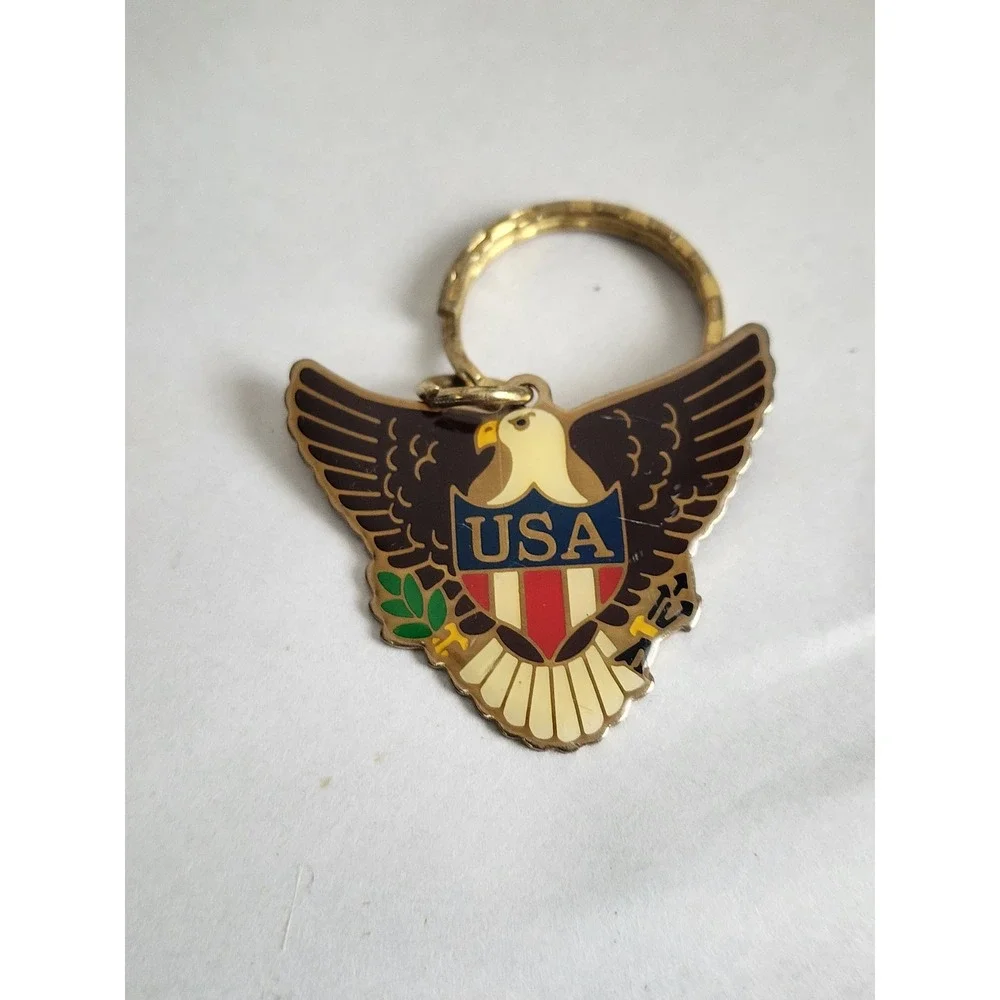 Vintage Gift Creations USA Eagle Keychain Gold Tone Enamel Patriotic Americana